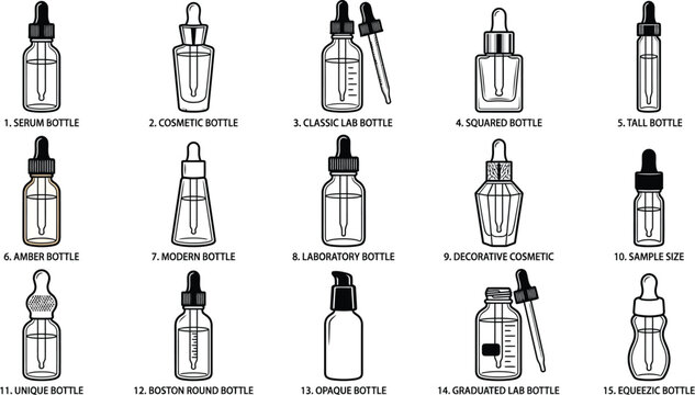 Black and white line of fifteen different cosmetic and perfume bottle line cosmetic bottles perfume bottles