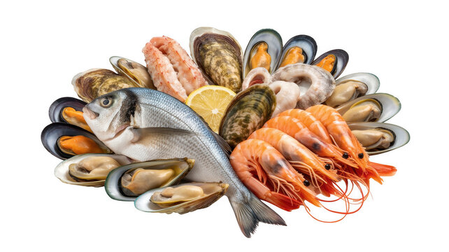 Assorted fresh seafood platter featuring a whole fish, king prawns, mussels, and lemon slices arranged on a solid dark black background