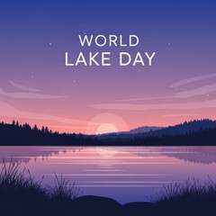 Fototapeta premium Lake at Sunset with Mountains and Trees in the Background Celebrating World Lake Day with Text Overlay featuring water, reflection, nature