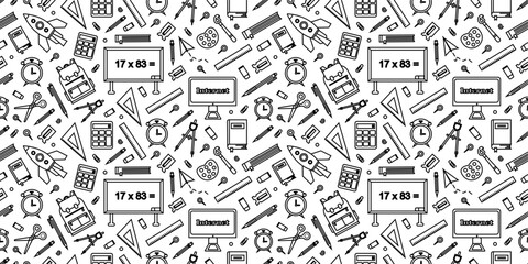 Fototapeta premium School themed doodles seamless pattern. School supplies pattern in doodle style. Back to school seamless pattern background. School elements doodle pattern background. 