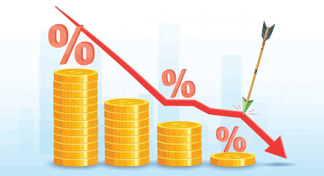 Decreasing investment value concept showing falling profit margins gold coins chart trend economic recession financial crisis negative growth business losses.