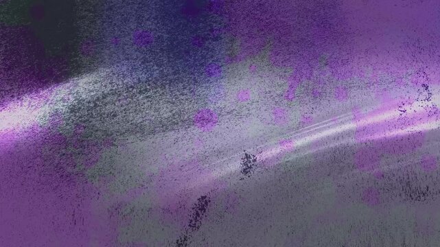 Abstract grunge background in purple and gray tones with a diagonal light beam. A looped grainy texture with noise and splashes of paint, a backdrop for design and video.