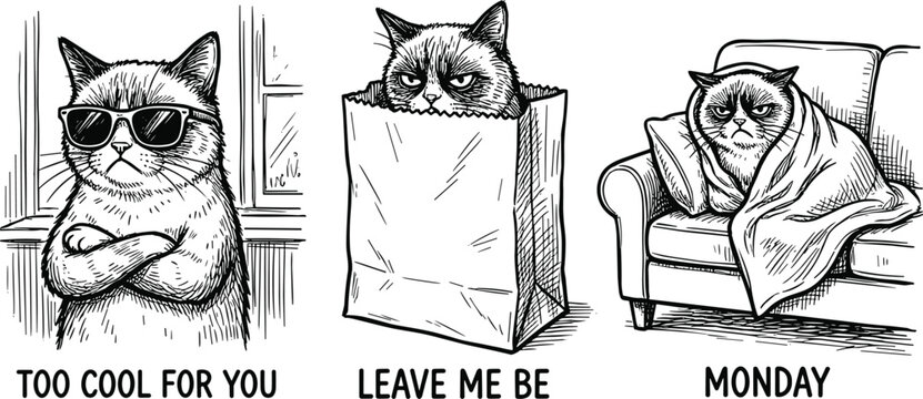 Grumpy cat lifestyle illustrations, humorous feline expressions and moods vector set