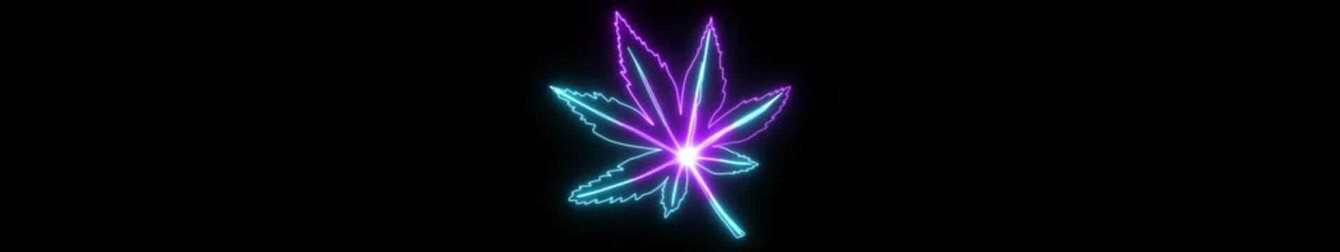 Ultrawide Neon Cannabis Leaf Background &ndash; Glowing Purple Blue Hemp Symbol on Futuristic Widescreen Banner 4k.