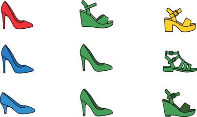 Obraz premium Women's Fashion Shoe Vector Set featuring High Heel Pumps, Wedge Sandals, Block Heels, and Strappy Gladiator Footwear Illustrations