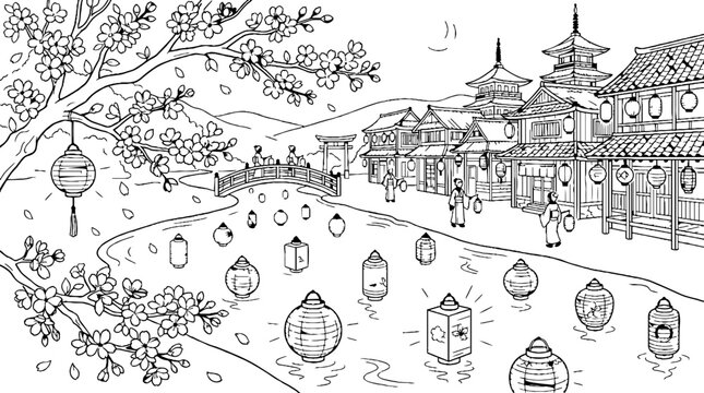 Floating Lantern Festival with Cherry Blossoms and Pagodas