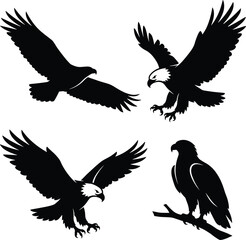 Fototapeta premium Eagle silhouette set, black flying and perched predatory birds vector collection