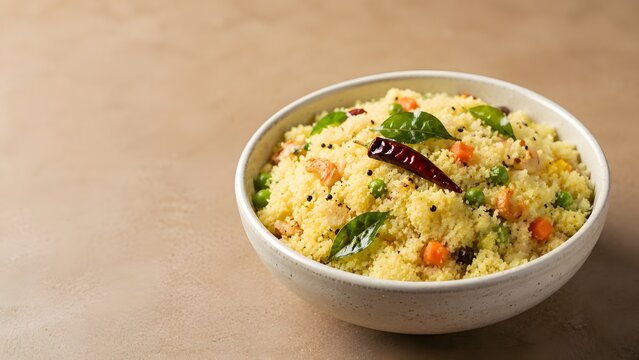 Bowl of savory vegetable semolina upma with breakfast, semolina
