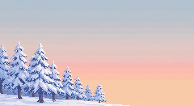 Charming pixel art winter forest landscape with snowcovered evergreen trees under a beautiful gradient sky artwork