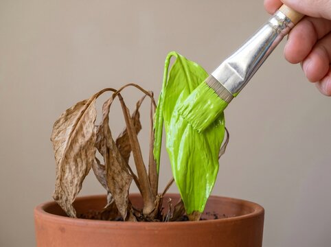 A Brush Coating a Wilted Dead Plant With Green Paint as a Greenwashing Metaphor