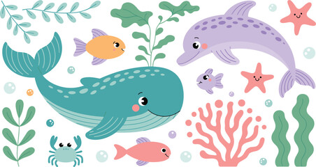 Cute sea animals cartoon vector illustration bundle featuring whale dolphin crab starfish and tropical fish swimming with colorful coral reefs and seaweed © MdIbrahimIslam