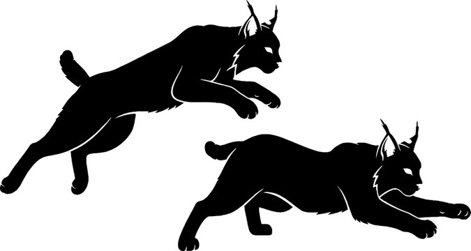 Two Lynx Cats in Dynamic Running Pose Silhouette.