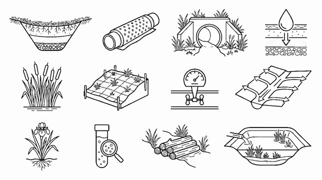 Set of hand drawn icons representing water management drainage systems and environmental engineering.