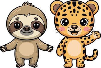 Obraz premium Cute cartoon sloth and baby leopard cheetah characters vector illustration set isolated on white background flat jungle wildlife elements for nursery decor