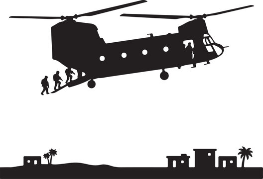 Silhouette of military helicopter with soldiers disembarking over village scene