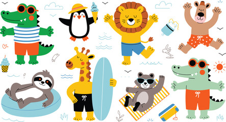 Fototapeta premium Cute summer animals doodle vector illustration bundle with funny wild characters surfing swimming and sunbathing on beach vacation holidays isolated on white background