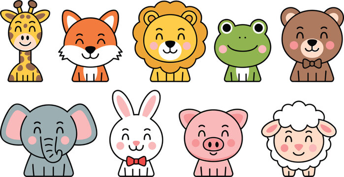 Cute animal avatar set vector illustration collection featuring cartoon giraffe fox lion frog bear elephant rabbit pig and sheep faces isolated on white background
