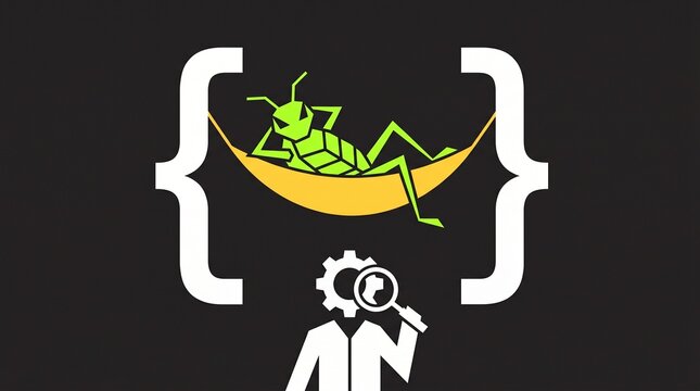 Software code debugging with funny computer bug, programming troubleshooting and glitch metaphor, clean vector graphic design