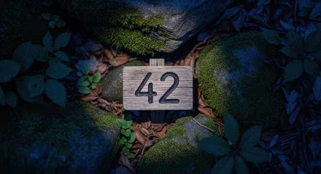 Wooden sign with the number 42 in a forest setting