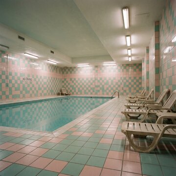 Nostalgic Liminal Space Indoor Empty Swimming Pool.