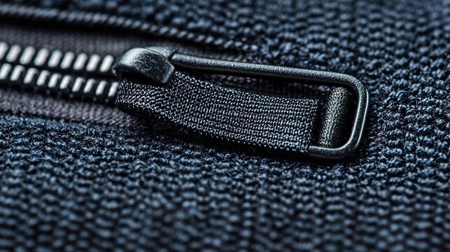 Close-up of a jacket zipper with a brand logo, isolated on a pure white background, detail, functional