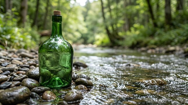 Empty green glass bottle with cork standing on river stones in forest