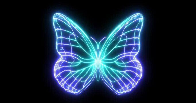 Neon Blue Glowing Butterfly Outline on Black Background &ndash; Futuristic Digital Insect Light Design 4K.