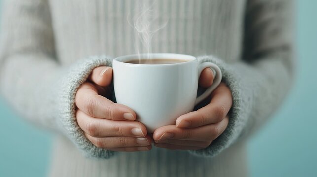 Close-up of a person's hands holding a cup of steaming tea or coffee, comfort, relaxation