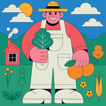 Cheerful Cartoon Farmer Holding Fresh Vegetables in a Colorful Rural Landscape