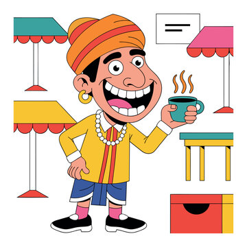 Colorful Cartoon Caricature of a Cheerful Street Vendor Holding a Hot Tea Cup