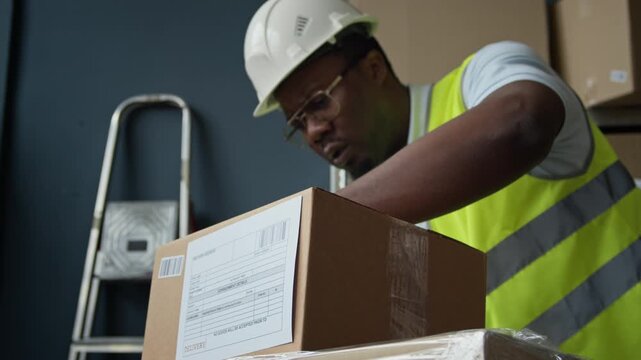 Medium shot of African American young adult male warehouse worker sealing cardboard box with tape dispenser. Footage suits commercial use in e-commerce, logistics, and supply chain business videos