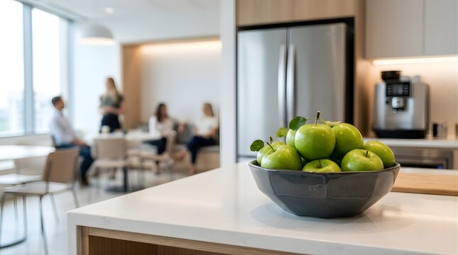 Fresh green apples in a bowl on a modern kitchen counter with people blurred in the background