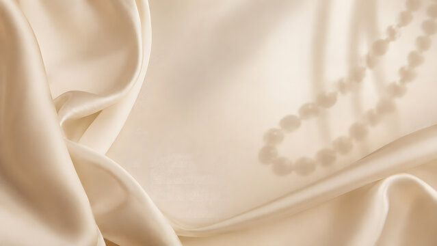 Elegant white silk fabric background with soft draped folds and a string of pearls background material necklace accessories glistening romantic sophisticated feminine aesthetic beautiful