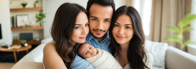 Obraz premium close up portrait of an adult man and two women happily holding a wrapped newborn baby smiling together in a living room.