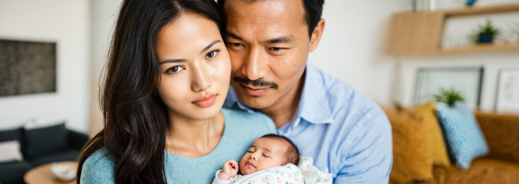 young adult asian mother and father gently holding their sleeping newborn baby together in a bright comfortable living room setting expressing care and affection.