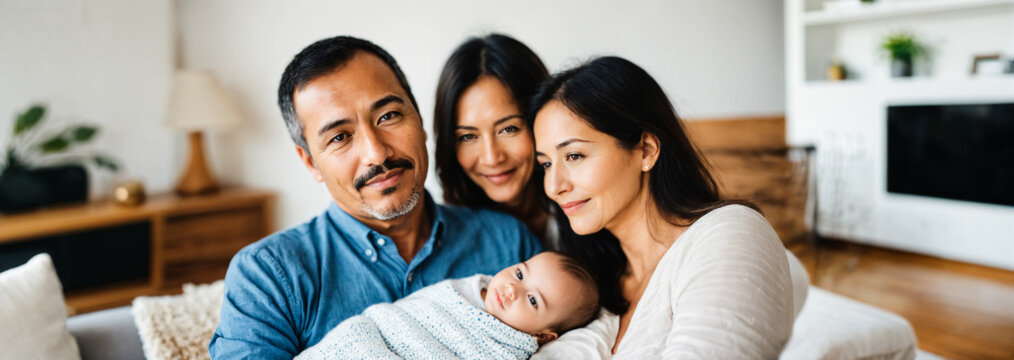 portrait of a smiling adult man and two women holding a newborn baby sitting together on a sofa in a modern home.