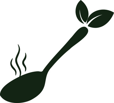 Green spoon with steam leaves on leaves on transparent