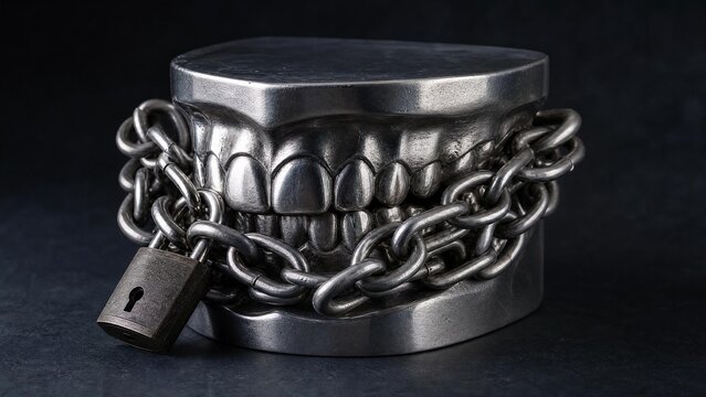 Metal dental model wrapped in heavy chains, symbolic representation of constrained movement on dark background.