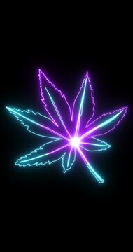 Vertical Neon Cannabis Leaf with Purple Blue Glow on Dark Background &ndash; Modern Hemp Illustration 4k.