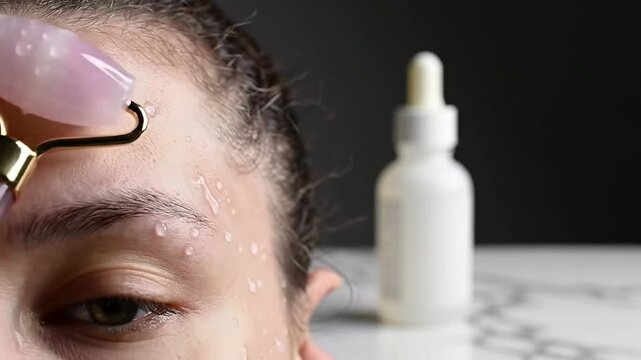 Close Up Of A Rose Quartz Roller Being Used On Forehead With Serum, Spa Beauty Ritual In A Relaxing Temple Area