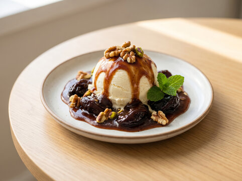 Vanilla ice cream scoop topped with chocolate sauce walnuts and prunes on a plate