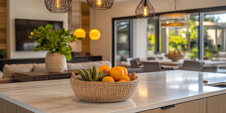 Sophisticated modern kitchen with marble island and fresh oranges