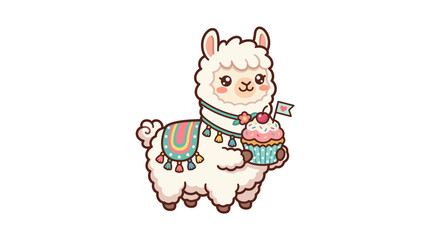 Obraz premium Cute Llama Holding a Cupcake