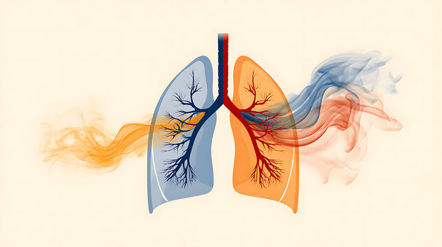 Photorealistic anatomical illustration of the respiratory cycle: inhalation and exhalation, split-screen comparison showing contraction and relaxation of the diaphragm, inflation and deflation of the 