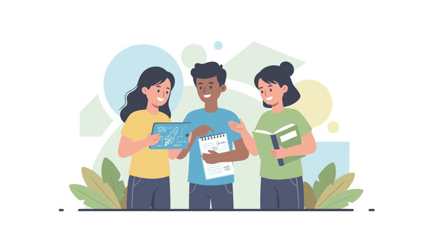 Three people collaborating on a project with one holding a tablet showing a rocket sketch, another with a notebook, and the third with an open book.