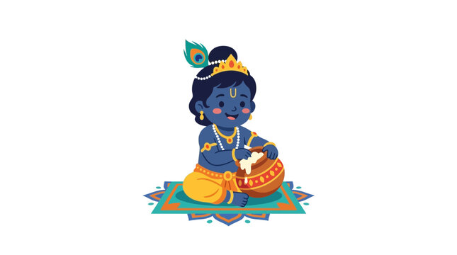 Cute Cartoon Krishna Playing Drum Sitting on Decorative Mat