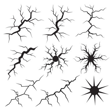 Black Cracks and Fractured Surface Hole Elements Arranged on a Solid White Background