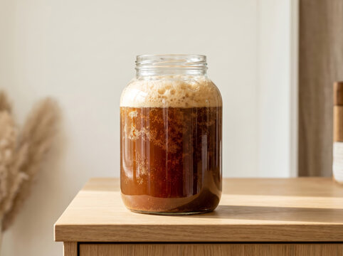 Homemade dark kvass fermenting with a thick foam head in a glass jar