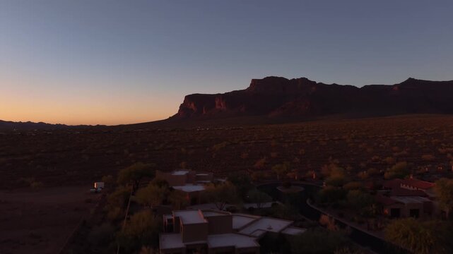 Aerial Sunset View of Superstition Mountains Near Apache Junction, Arizona in 4K