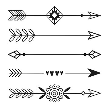 Five Black Horizontal Arrows with Flower Hearts and Geometric Diamond Details on White